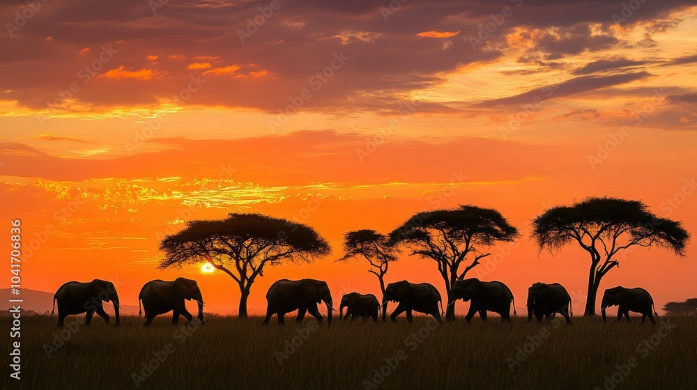 Elephant herd silhouetted against a brilliant sunset sky, crossing the open savanna with acacia trees scattered in the background Elephant herd silhouetted against a brilliant sunset sky, crossing the open savanna with acacia trees scattered in the background