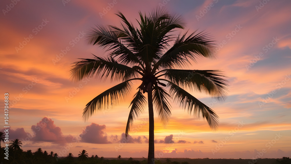 A coconut tree silhouetted against a vibrant sunset sky, with the orange and pink hues highlighting the tropical landscape. A coconut tree silhouetted against a vibrant sunset sky, with the orange and pink hues highlighting the tropical landscape.