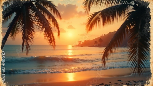 Serene sunset beach scene with palm trees and gentle waves in Polaroid style