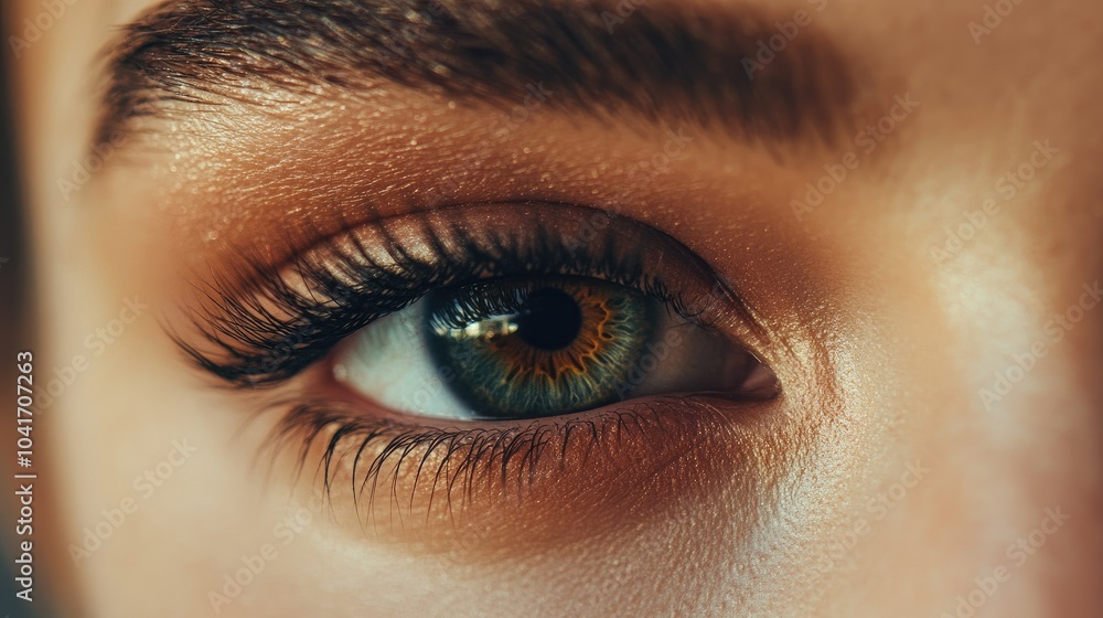 Obraz premium Extreme close-up of a woman's eye with flawless natural makeup, detailed lashes, and softly defined brows for a high-fashion beauty look.