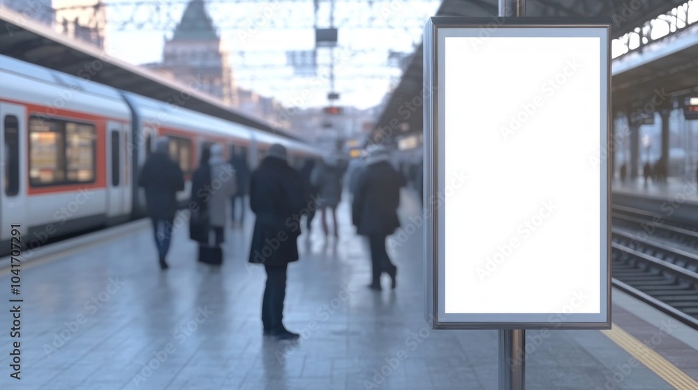 Mockup. Lightbox vertical billboard with blank digital screen on a train station. white blank poster advertisement Public information boards stand at stations in front of people and trains. Mockup. Lightbox vertical billboard with blank digital screen on a train station. white blank poster advertisement Public information boards stand at stations in front of people and trains.