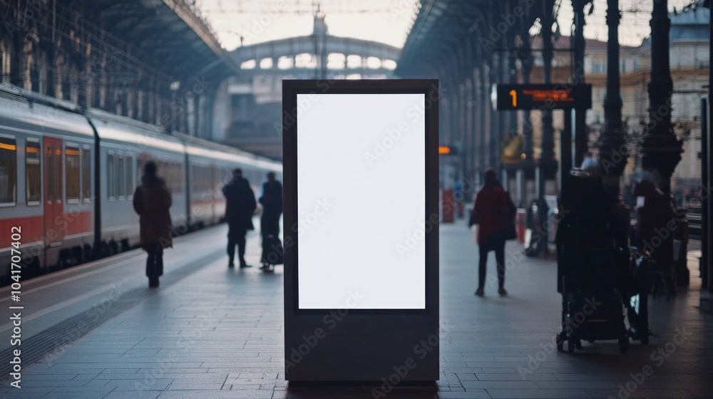 Mockup. Lightbox vertical billboard with blank digital screen on a train station. white blank poster advertisement Public information boards stand at stations in front of people and trains. Mockup. Lightbox vertical billboard with blank digital screen on a train station. white blank poster advertisement Public information boards stand at stations in front of people and trains.