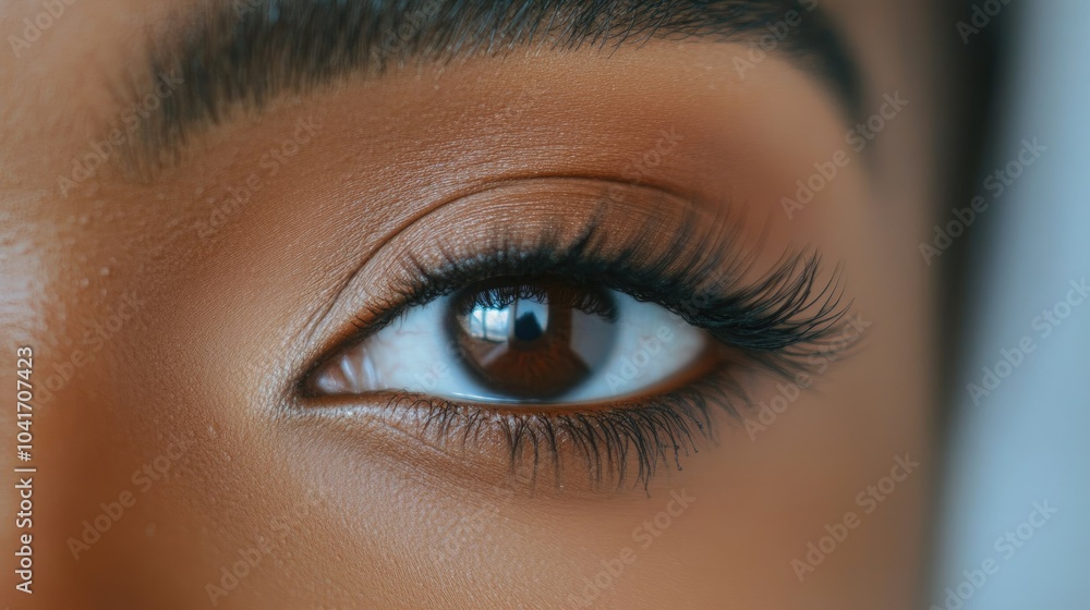 Fototapeta premium Extreme close-up of a woman's eye with flawless natural makeup, detailed lashes, and softly defined brows for a high-fashion beauty look.