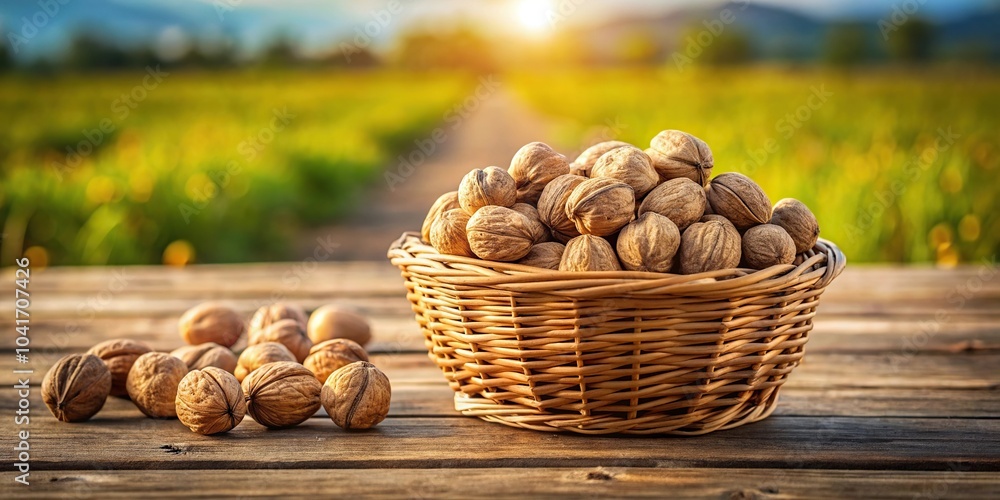 Basket full of walnuts on table in walnut field minimalist Basket full of walnuts on table in walnut field minimalist
