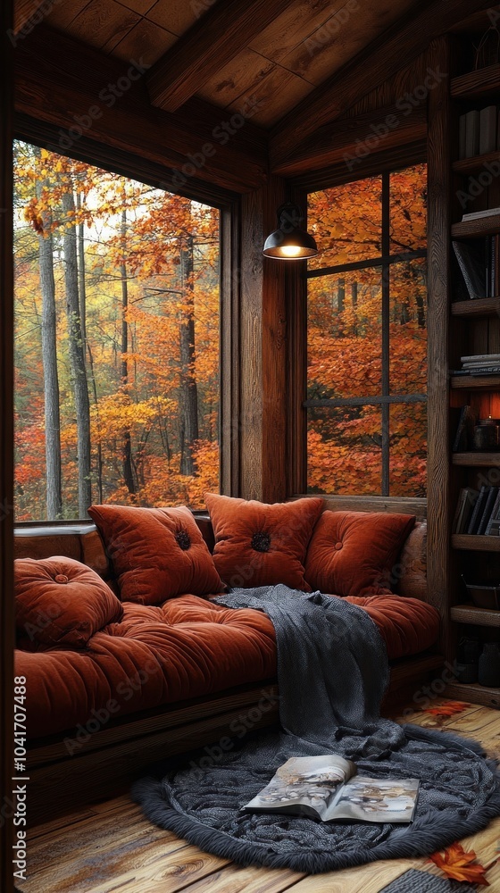 Cozy Autumn Cabin Interior with Window View of Fall Foliage - 3D Illustration Cozy Autumn Cabin Interior with Window View of Fall Foliage - 3D Illustration