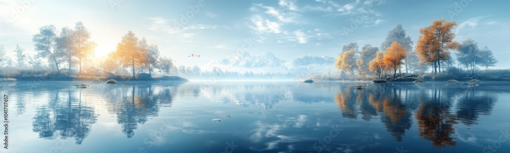 Trees are reflected in the water of a lake with a few birds flying