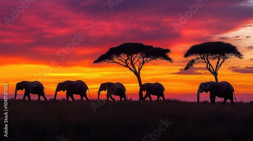 Fiery sunset sky with elephants silhouetted as they cross the savanna, iconic acacia trees completing the dramatic African landscape