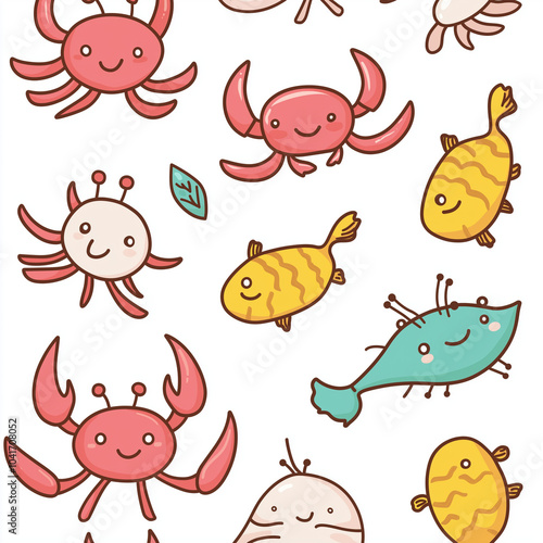 Kawaii Style Sea Creatures Illustration with Crabs and Fish – Cute Hand-Drawn Characters for Children's Products and Designs