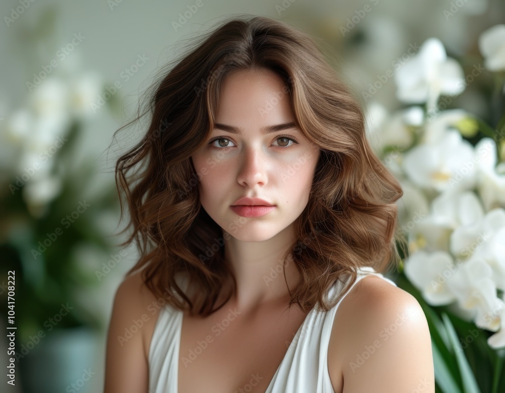 Portrait of a beautiful woman with wavy hair, dressed in white, posing with a floral background Portrait of a beautiful woman with wavy hair, dressed in white, posing with a floral background