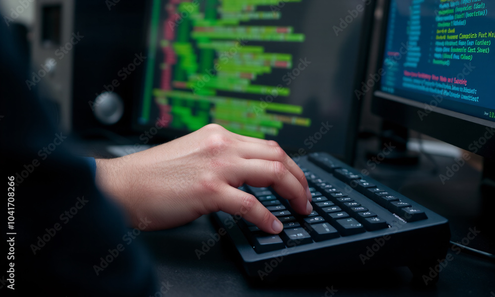 a coder’s hands typing rapidly on a mechanical keyboard with code scrolling on the screen in the background a coder’s hands typing rapidly on a mechanical keyboard with code scrolling on the screen in the background