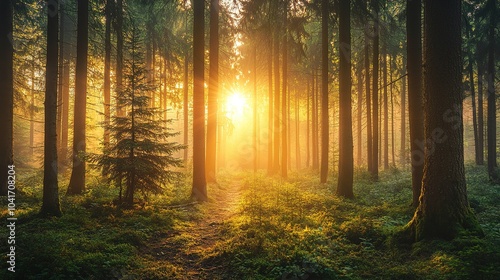 Serene Forest at Dawn with Sunlight Through Trees