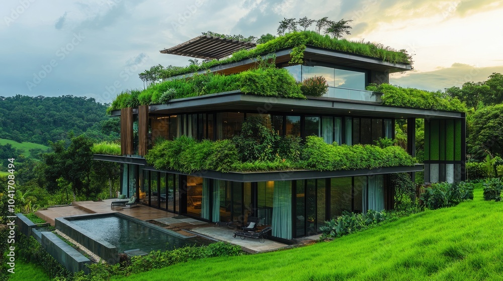 Eco-friendly building practices highlighted in sustainable construction techniques against a lush green landscape background. High quality illustration