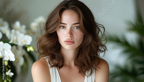 Portrait of a beautiful woman with wavy hair, dressed in white, posing with a floral background