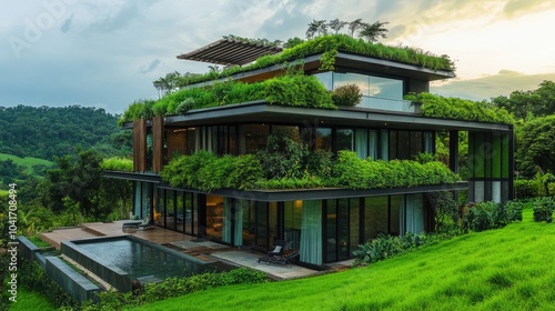 Eco-friendly building practices highlighted in sustainable construction techniques against a lush green landscape background. High quality illustration