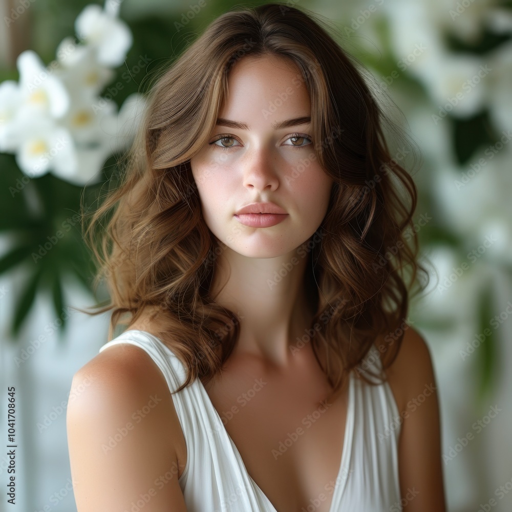 Obraz premium Portrait of a beautiful woman with wavy hair, dressed in white, posing with a floral background