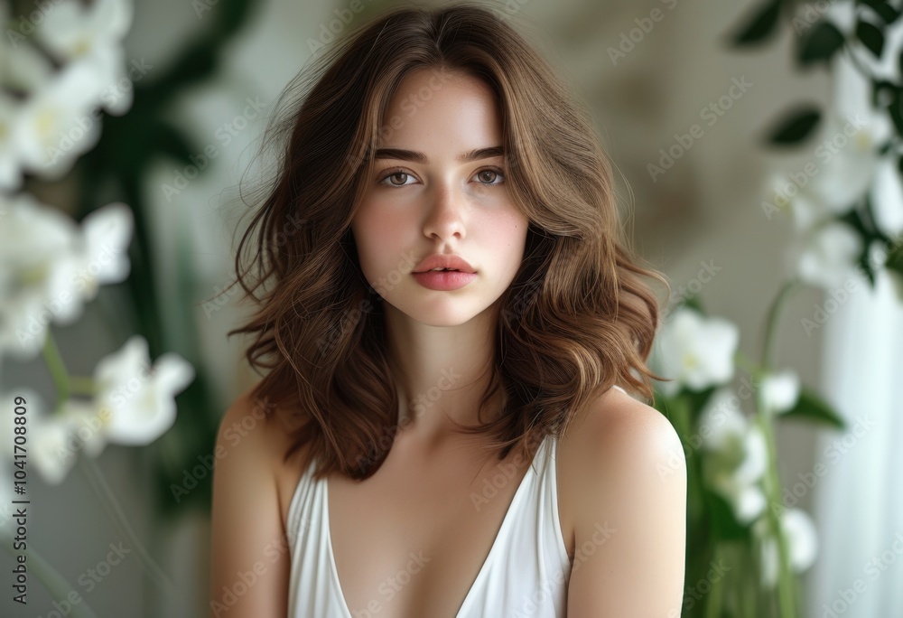 Portrait of a beautiful woman with wavy hair, dressed in white, posing with a floral background Portrait of a beautiful woman with wavy hair, dressed in white, posing with a floral background