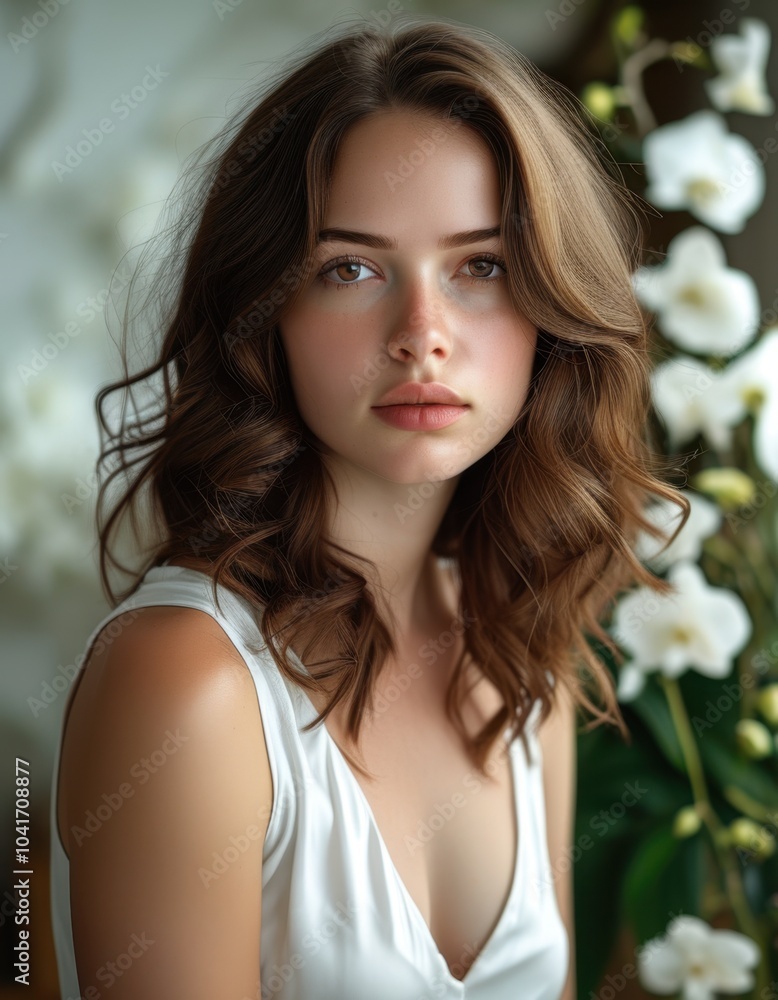 Portrait of a beautiful woman with wavy hair, dressed in white, posing with a floral background Portrait of a beautiful woman with wavy hair, dressed in white, posing with a floral background