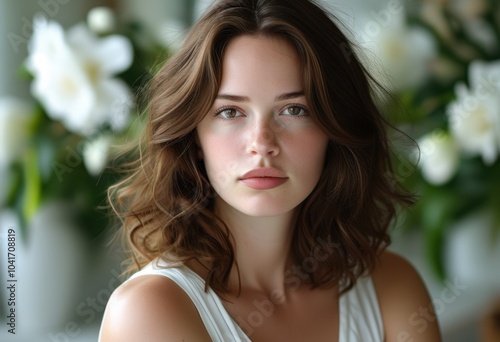 Portrait of a beautiful woman with wavy hair, dressed in white, posing with a floral background