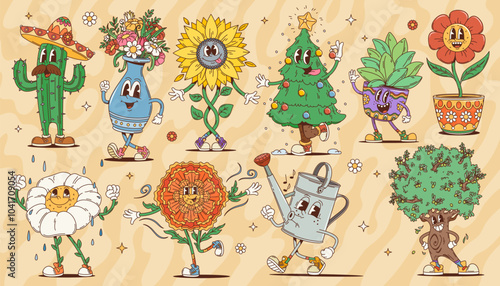Cartoon groovy plant flower characters with happy smiling faces. Cute retro sunflower, daisy and marigold, Christmas and olive trees vector personages. Psychedelic cactus and watering can characters