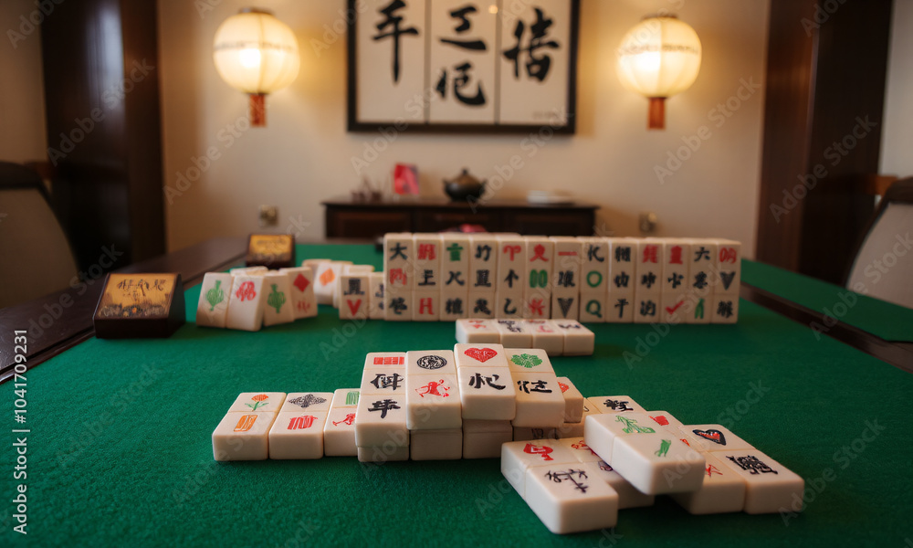 Mahjong set with intricately designed tiles displayed on a traditional green felt table2 Mahjong set with intricately designed tiles displayed on a traditional green felt table2