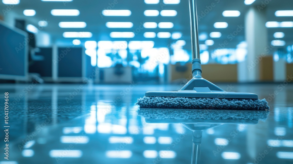Gleaming, spotless office floor reflecting the overhead lights as an industrial-grade mop cleans the surface with precision. Gleaming, spotless office floor reflecting the overhead lights as an industrial-grade mop cleans the surface with precision.