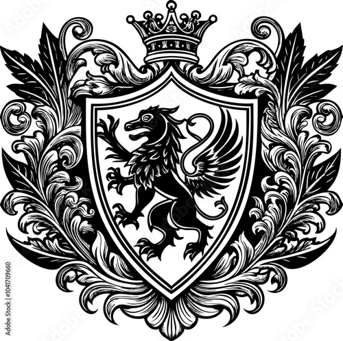 Heraldic shield with royal floral ornament. Vintage crest sign or coat of arms