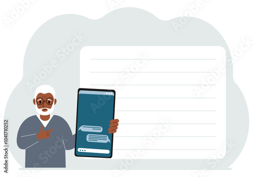A man holds a mobile phone with correspondence and SMS messages in his hand. Advertising, poster, place for text.