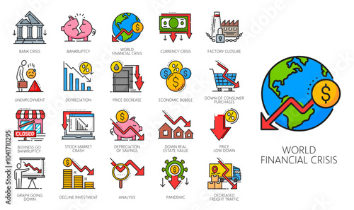Economic crisis and money loss color line icons, downturn and bankruptcy symbols, vector economy. Financial recession, world finance and bank crisis, oil price decrease, stock market crash outline set