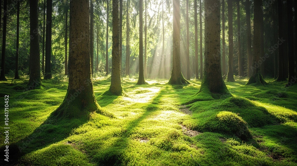 Sunlit Forest with Lush Green Moss and Tall Trees