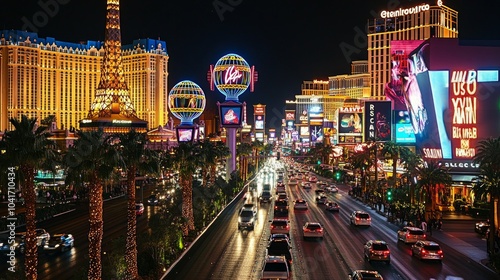 Night view of the Las Vegas Strip, with bright neon signs and busy streets. 