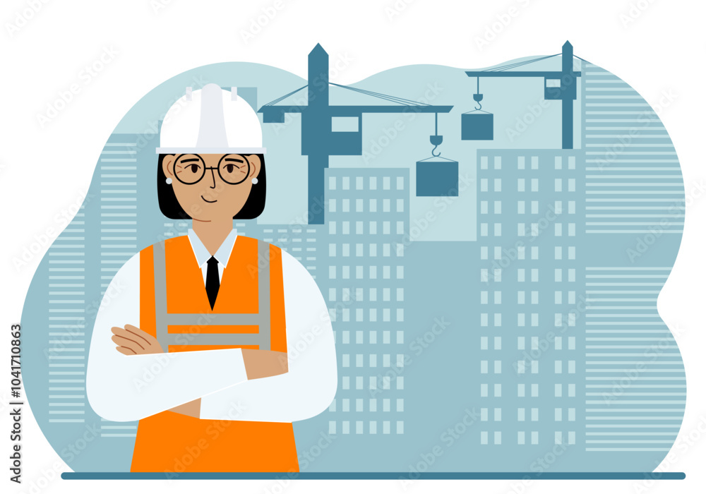 Engineer near houses under construction and construction cranes. Builder holds a large white sheet for text. Engineer near houses under construction and construction cranes. Builder holds a large white sheet for text.