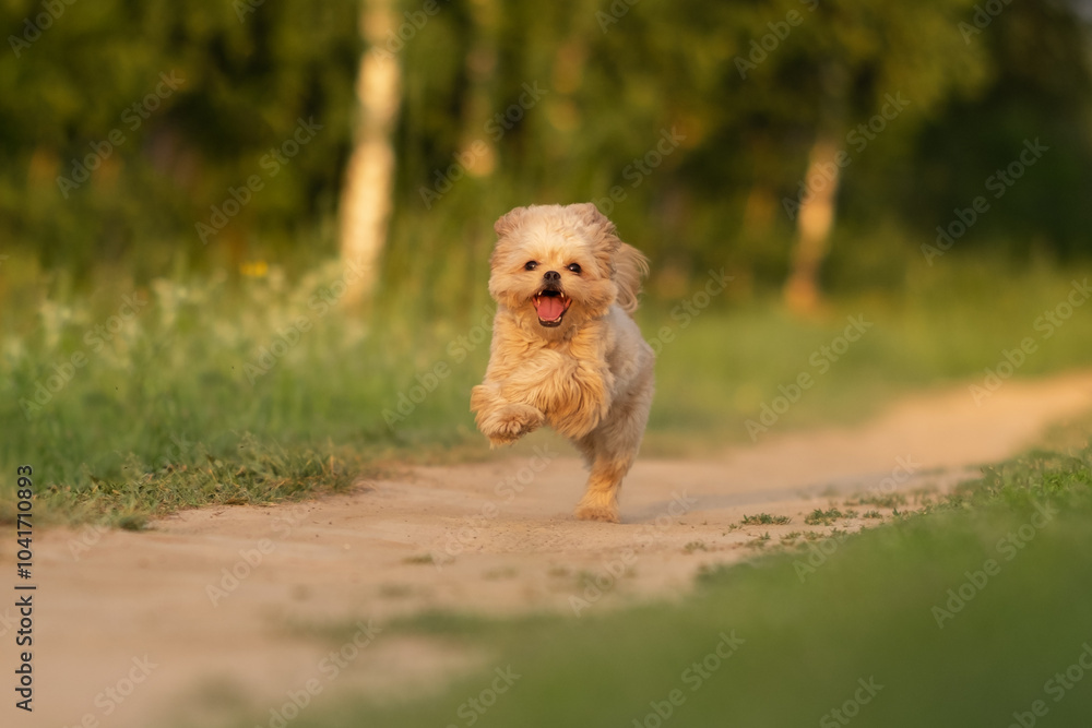 Cute dog of Maltipu breed in the park. A small dog playing on the green grass. Cute dog of Maltipu breed in the park. A small dog playing on the green grass.