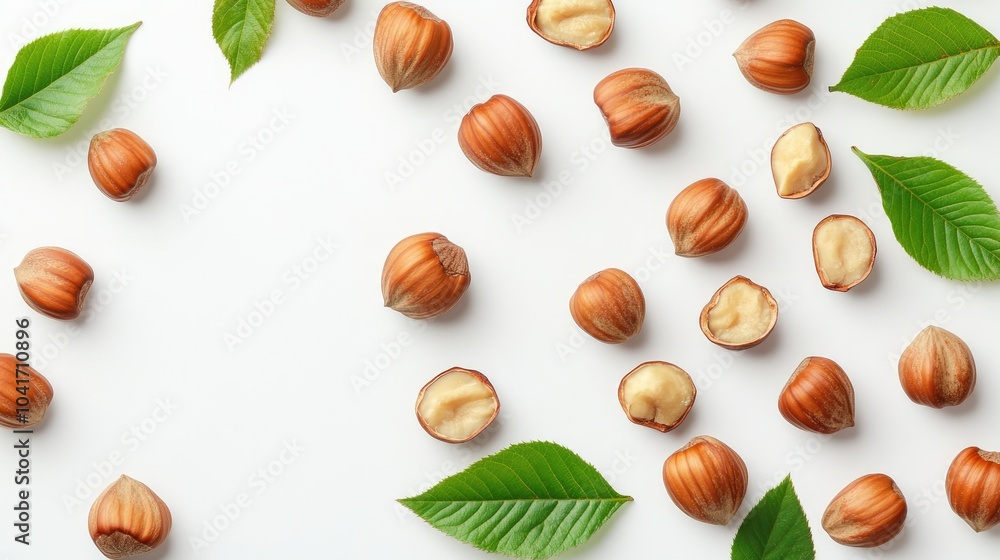 Hazelnuts scattered alongside fresh green leaves, isolated on a white background, showcasing their earthy tones and textures Hazelnuts scattered alongside fresh green leaves, isolated on a white background, showcasing their earthy tones and textures