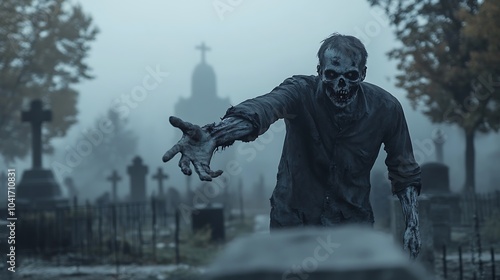 Realistic zombie reaching out with decayed hands in a misty cemetery