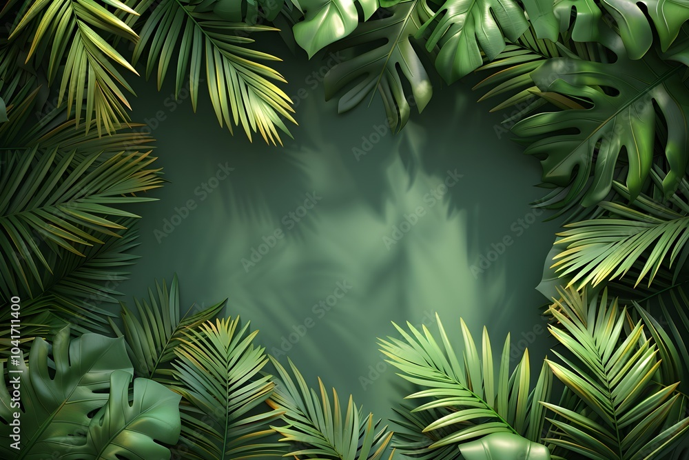 A frame made of tropical leaves on a green background A frame made of tropical leaves on a green background