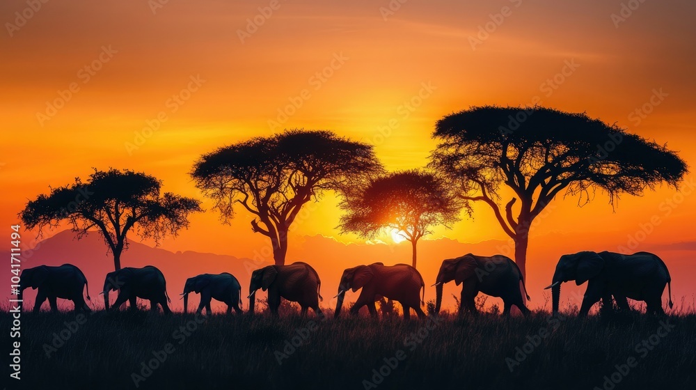 Herd of elephants silhouetted against a blazing sunset, walking across the African savanna with acacia trees framing the scene Herd of elephants silhouetted against a blazing sunset, walking across the African savanna with acacia trees framing the scene