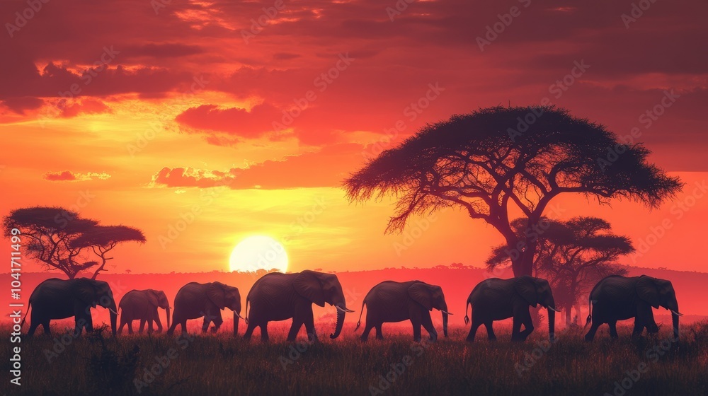 Fototapeta premium Herd of elephants silhouetted against a blazing sunset, walking across the African savanna with acacia trees framing the scene