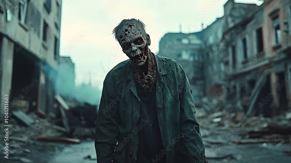 Zombie with torn clothing and decayed face standing in a ruined city street Zombie with torn clothing and decayed face standing in a ruined city street