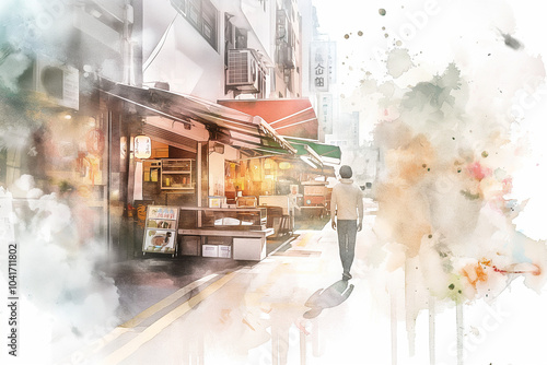 Watercolor Illustration of a Hong Kong Street Scene with Lone Walker
