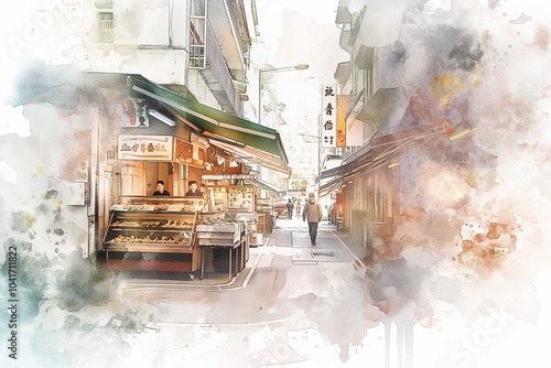 Artistic Watercolor Illustration of a Hong Kong Street Market Scene