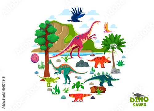 Prehistoric dinosaurs in round shape. Cartoon vector dino characters lambeosaurus, argentavis, bagaceratops or lexovisaurus, psittacosaurus or arrhinoceratops, dimorphodon and anchisaurus at landscape