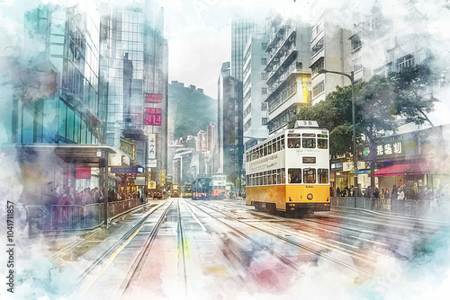 Watercolor Illustration of Hong Kong Street With Iconic Tram