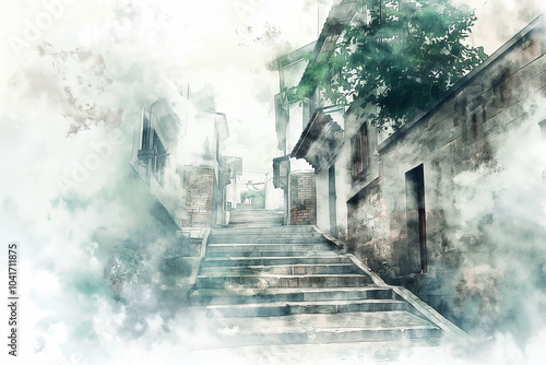 Serene Watercolor Painting of Historic Hong Kong Alleyway