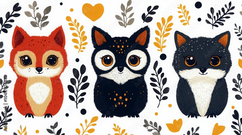 Charming Nordic animal motifs featuring a fox, owl, and raccoon against a vibrant floral backdrop Charming Nordic animal motifs featuring a fox, owl, and raccoon against a vibrant floral backdrop