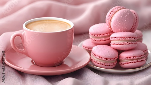 3D Rendered A Delightful Pink Coffee Cup and Macarons Arrangement on a Minimalist Flat