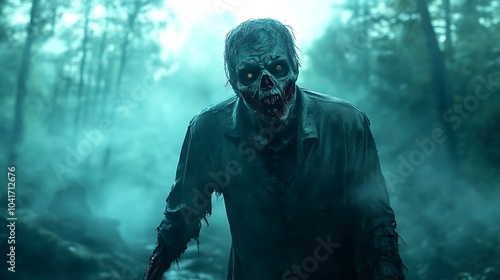 Realistic zombie with rotting face stumbling through a foggy forest at night