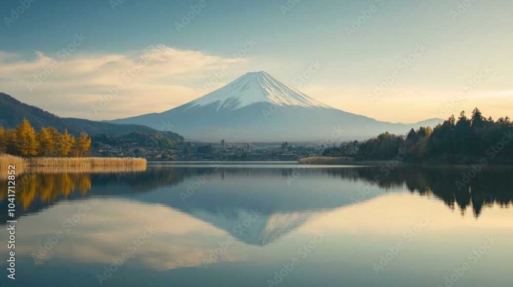 Wide shot of Mount Fuji reflected in Lake Kawaguchi during golden hour. Wide shot of Mount Fuji reflected in Lake Kawaguchi during golden hour.