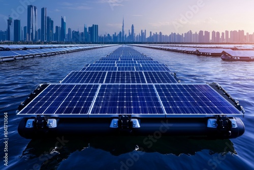 A serene image showcasing solar panels floating on water with a city skyline in the background, symbolizing renewable energy and urban sustainability. photo