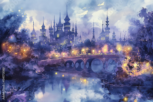 Magical Watercolor Painting of a Fairy Tale Castle at Night
