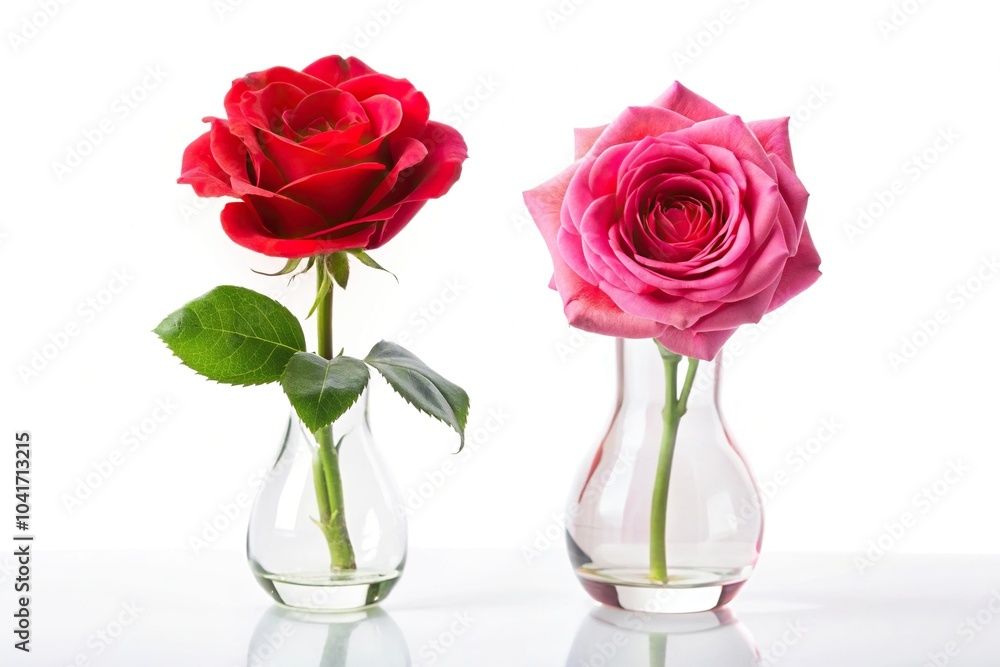 Fototapeta premium Beautiful red rose and pink flower in symmetrical vase on white background
